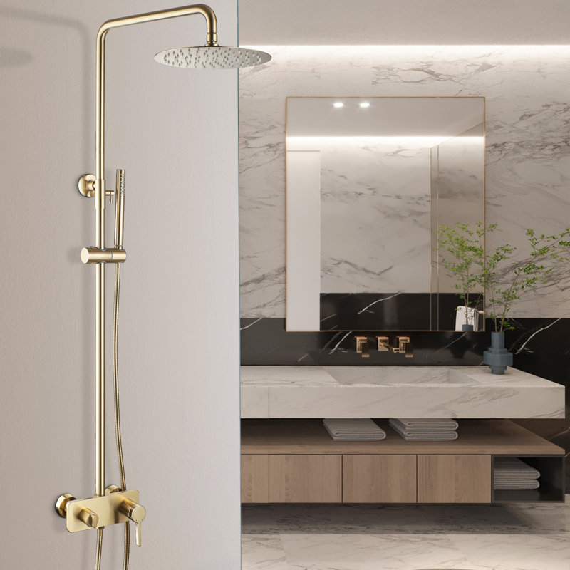 44.8" Height Adjustable Solid Brass Complete Shower System With Rough-In Valve, Brushed Gold