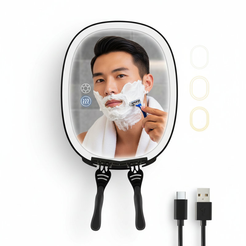 Miroir de douche sans brouillard pour le rasage et le maquillage, 3 couleurs DEL, 5000 mAh