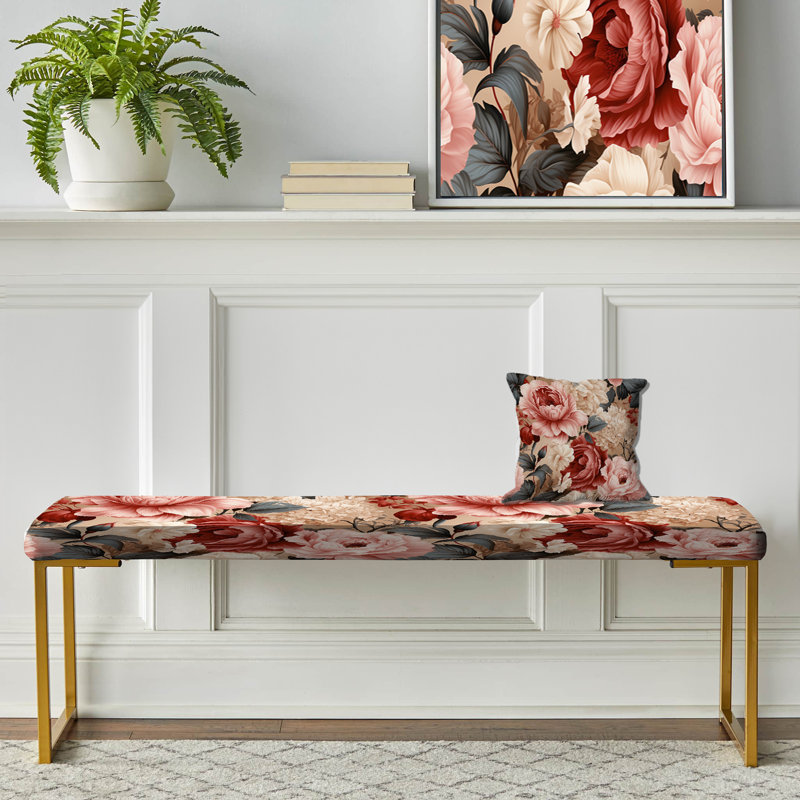 Floral Upholstered Gold Bench, Timeless Pink Peony Garden Serenity