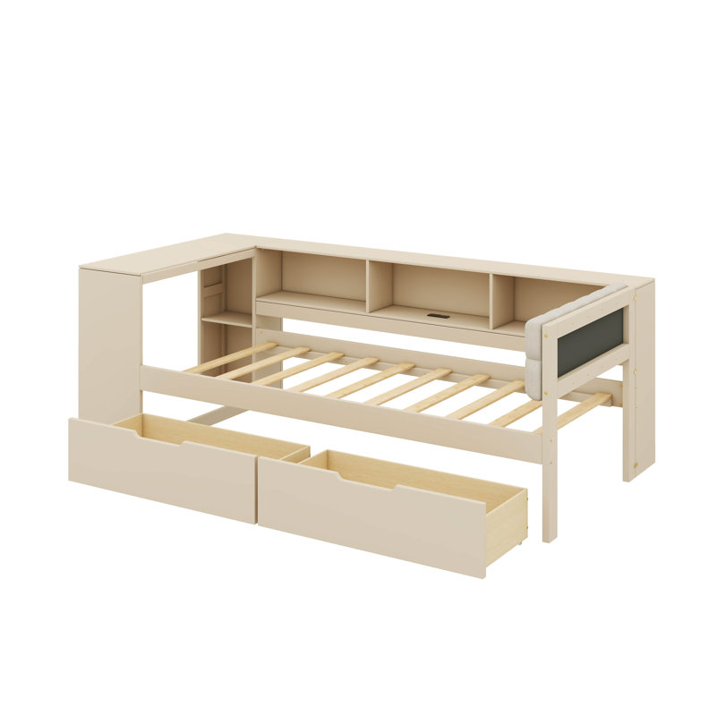 Luxurious Platform Bed Featuring Storage Shelves, Drawers And A Built-In Charging Station, Twin, Cream
