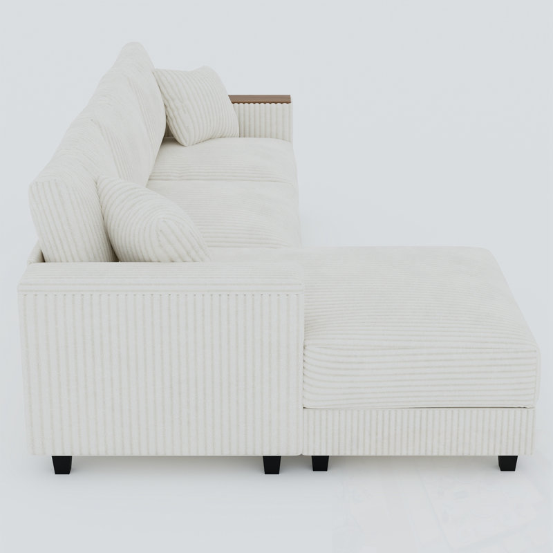 Corduroy L Shaped Xanthe Sofa with chaise and armrest storage, White