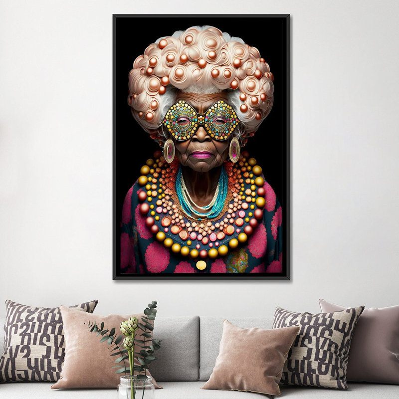 Afrofuturist Grandma I, H 60 po x l 40 po x P 1,5 po, Toile avec cadre flottant noir