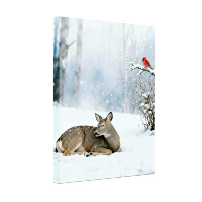 Christmas Deer Resting In Snow With Cardinal Perched Set of 3 Canvas Wall Art Prints