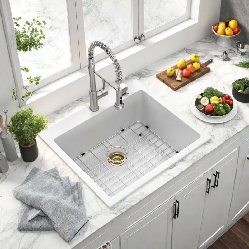 Quartz Composite Drop-In Kitchen Sink 25x22 Inch – Heavy Duty, Non-Porous Quartz, Low Maintenance, White