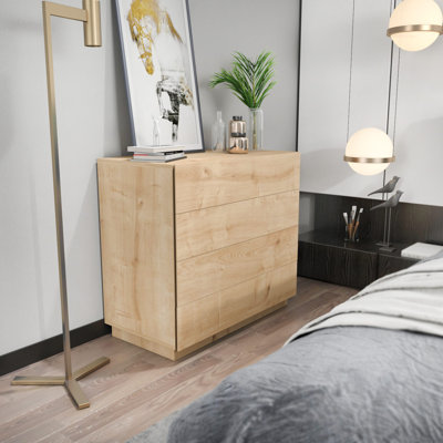 Commode élégante en chêne, 35,4 po x 17,7 po x 32,2 po | 100% panneau de particules enduit de mélamine, épaisseur: 0,7 pouce | Solution de rangement robuste de style brun traditionnel traditionnel pour la chambre à coucher ou le salon