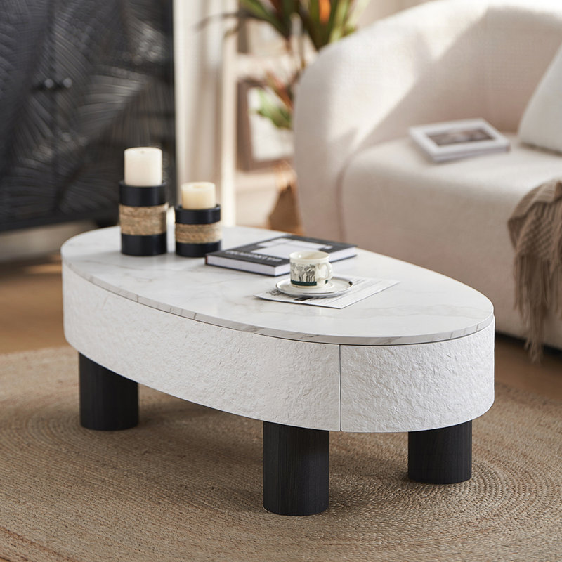 Table basse ovale avec plateau en faux marbre, table basse moderne Mid-Century avec tiroir caché et espace de rangement, table basse pour salon, chambre à coucher, bureau