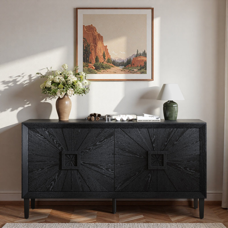 Buffet avec porte symétrique Sunburst et tablettes réglables, Noir
