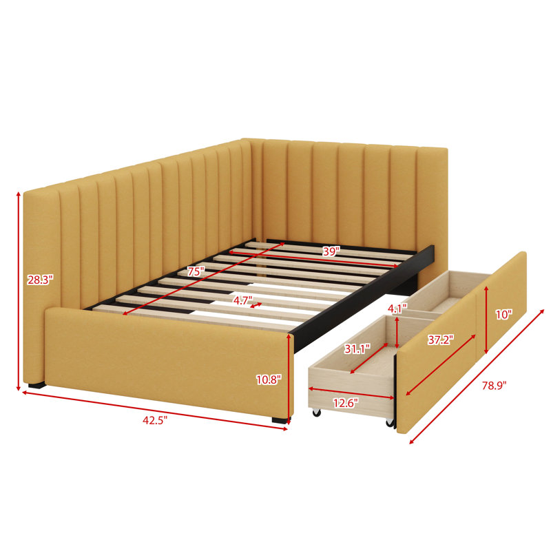 Twin-Size Upholstered Daybed With Two Built-In Drawers, Yellow