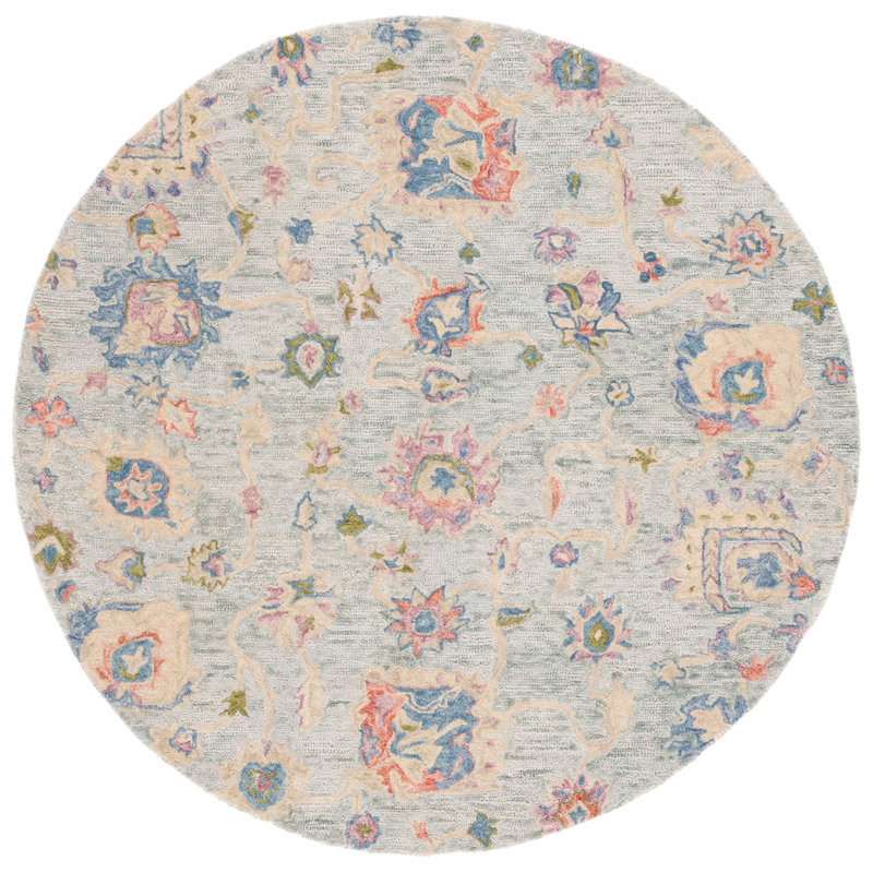 Tapis floral beige en coton touffeté à la main Metro, Rond 6 pi