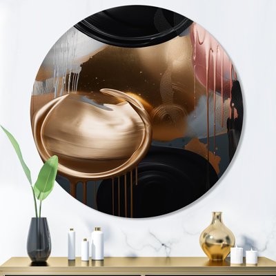 Or doré et expression de marbre noir I - art abstrait rond en marbre sur métal