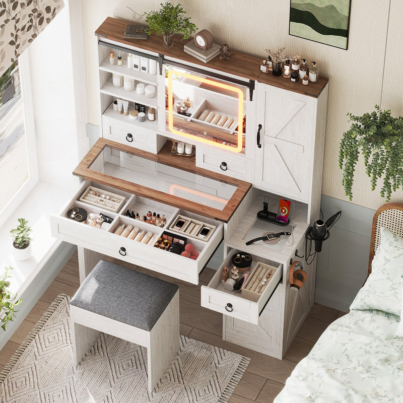 Farmhouse Vanity Desk With Sliding Mirror And Lights, Glass Top, Charging Station, 4 Drawers, 2 Cabinets, And Stool For Elegant Bedroom Decor