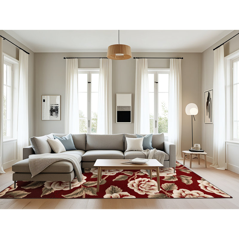 Tapis rouge botanique lavable à la machine, Rectangulaire 8 pi x 12 pi