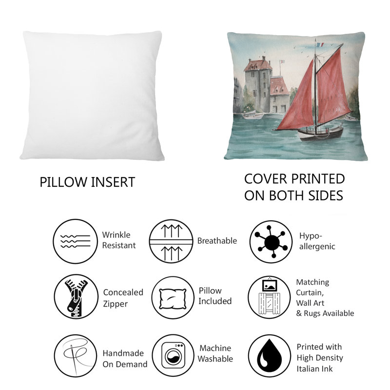 Paysage de remblai avec un voilier - Coussin décoratif imprimé nautique et côtier 1