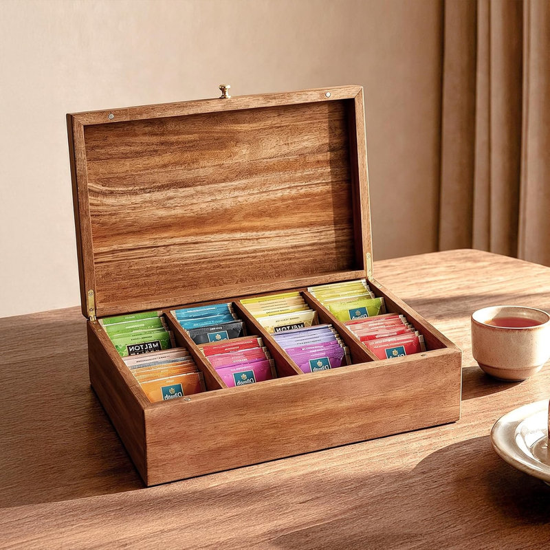 Acacia Wood Tea Bag Organizers, Tea Packet Storage Boxes, 8-Compartment Tea Caddy for Tea Bags Chest, Teabag Holder Containers, Teabox Station Display
