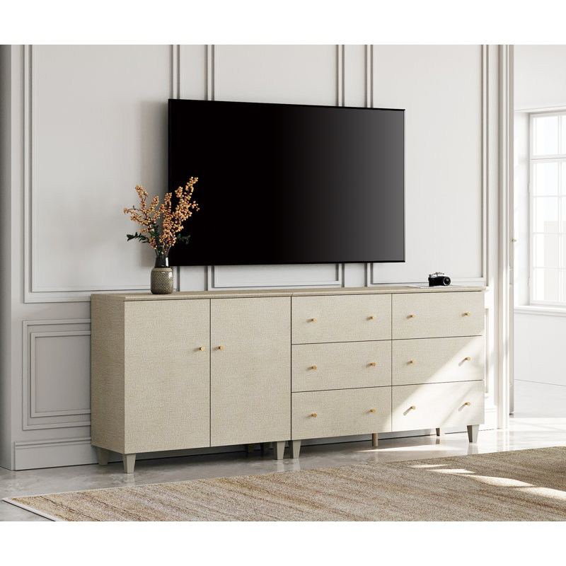 Meuble télé 2 en 1 avec 2 portes et 6 tiroirs pour téléviseurs de 85 pouces et plus, Beige