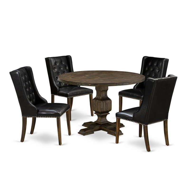 5 Piece Dining Room Table Set Contains a Wooden Table and 4 Black PU faux Leather Mid Century Modern Dining Chairs with Button Tufted Back - Distressed Jacobean Finish