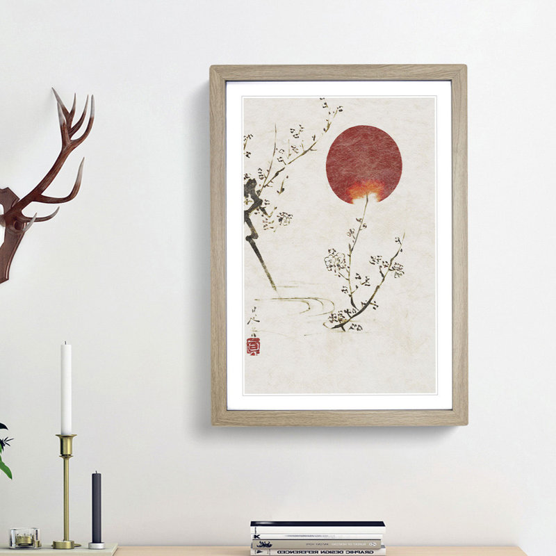 Sun & Plum Branches by Shibata Zeshin - Picture Frame Painting Print, 65cm H x 48cm W x 2cm D, Oak Framed