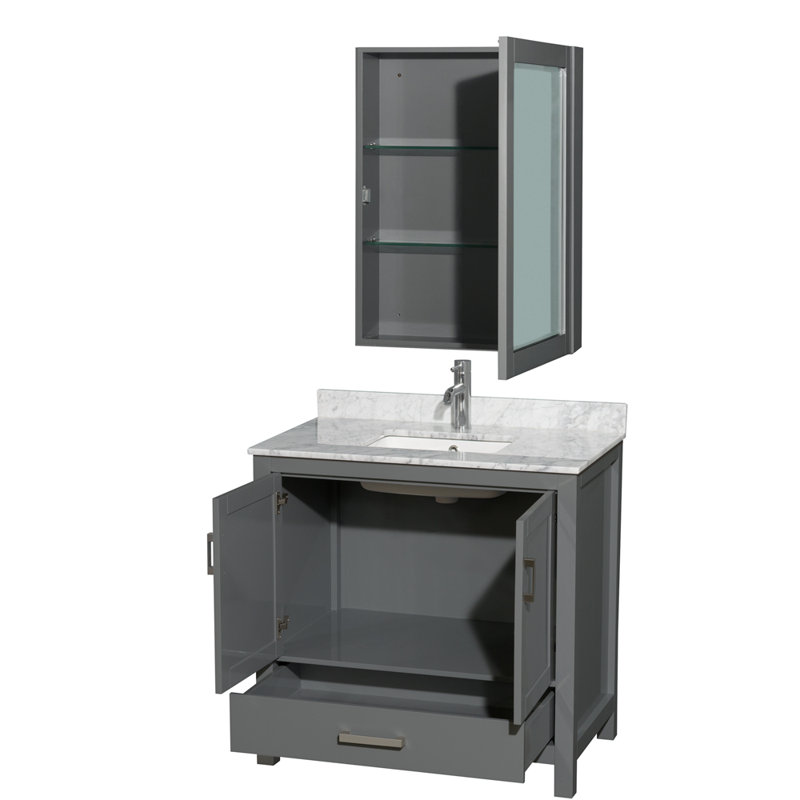 Sheffield 36" Freestanding Single Bathroom Vanity with Marble Top with Medicine Cabinet, White Carrara Marble, Light Green