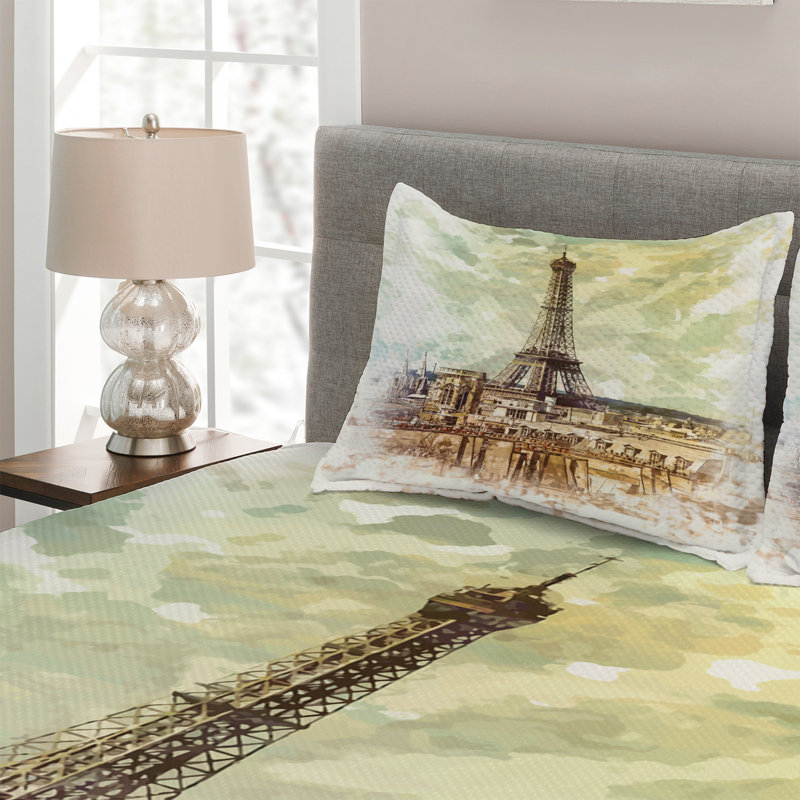 Eiffel Tower Eclectic Polyester Coverlet, King Bedspread + 2 Shams