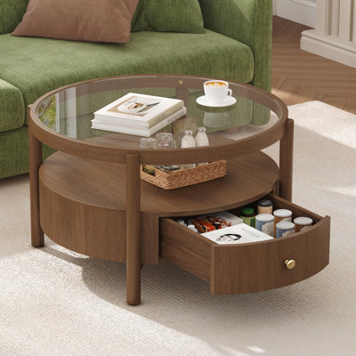Table basse ronde en bois et verre avec tiroir de rangement, table centrale circulaire à deux niveaux de style moderne du milieu du siècle, table basse en noyer pour salon
