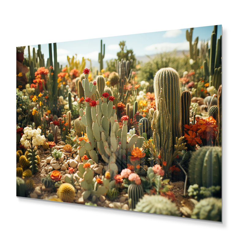 Corail vert cactus champ I - impression d'art floral en métal, H 16 po x l 32 po x P 1 po