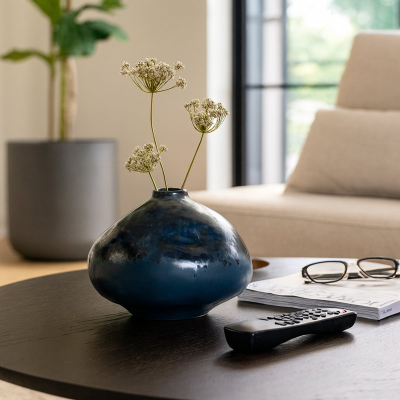 Modern Pottery Flower Vase Accent for Table Decor - Decorative Sculptural Vase for Living Room, Shelf, and Office Styling - Blue