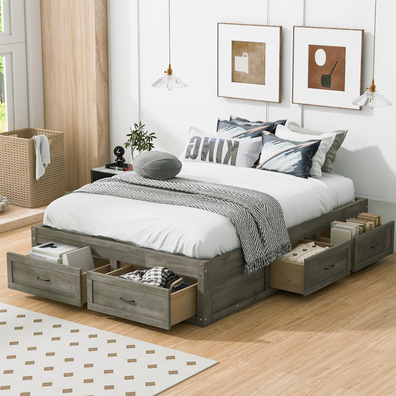 Lit plateforme double avec 6 tiroirs et cadre de rangement moderne, Gris, Lit double