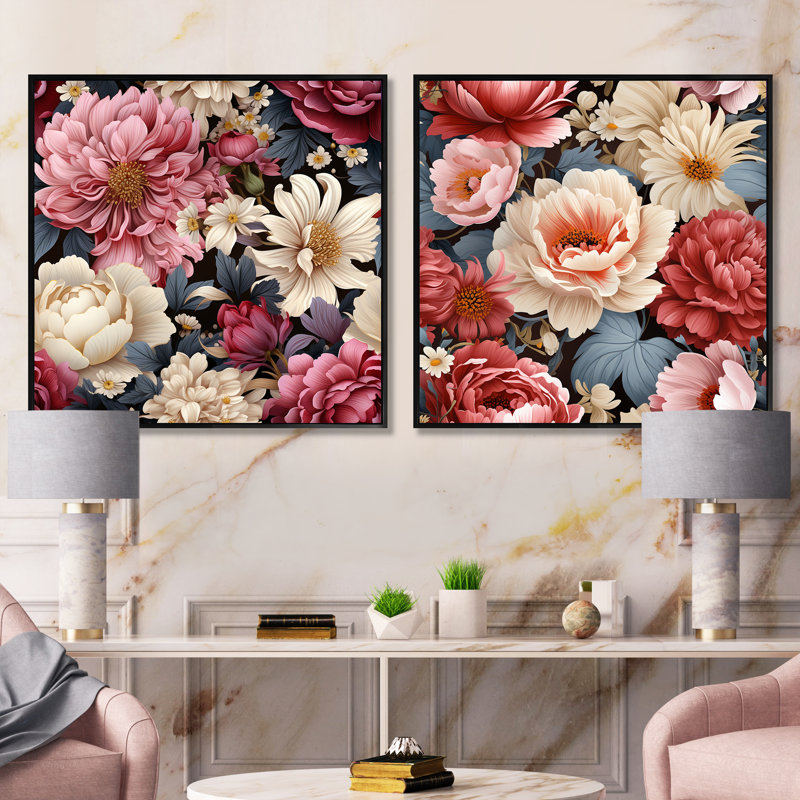 Astrid - Ensemble de 2 collages floraux carrés, Cadre flottant noir, H 30 po x l 61 po