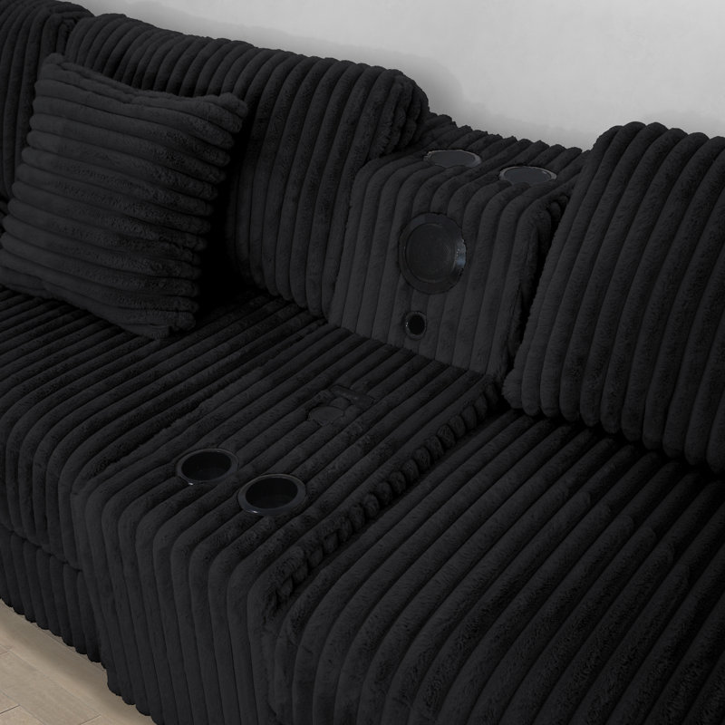 Vega Reversible Faux Fur Sectional with Media Console And Storage Ottoman, Black Carduroy