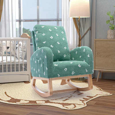 Fauteuil à bascule moderne de 68 cm de large pour chambre d'enfant, fauteuil à bascule d'appoint de style milieu du siècle avec poche latérale, fauteuil à bascule en bois rembourré à dossier haut pour salon, chambre de bébé ou chambre d'enfant, b