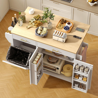 Rolling Kitchen Island With Power Outlet & Drop Leaf, Mobile Kitchen Island Cart With Tilt-Out Trash Can Storage, Spice Rack & Towel Rack And Adjustab by Ophelia & Co.