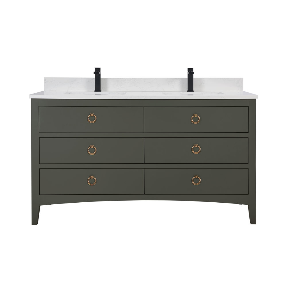 Newnam 60" Oak Double Bathroom Vanity, Pewter Green, Rose Gold