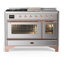 Cuisinière à double combustible de 48 pouces avec 5 brûleurs scellés, plaque chauffante et comptoir français en acier inoxydable (propane liquide, garniture en cuivre) Majestic III Series