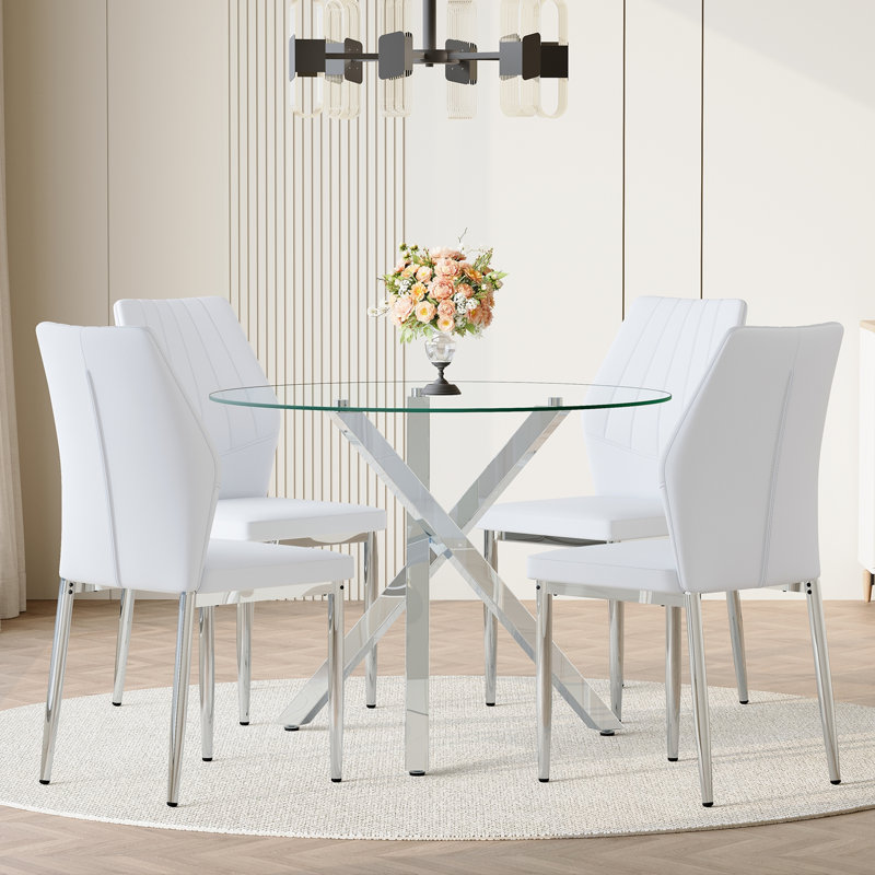 Ensemble de table de salle à manger 5 pièces avec plateau rond en verre et pieds en métal, Argent argent, Blanc
