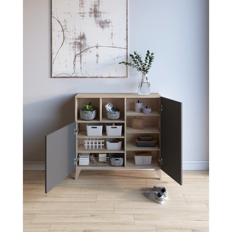 12 Pair Shoe Storage Cabinet, Light Oak/Jet Black
