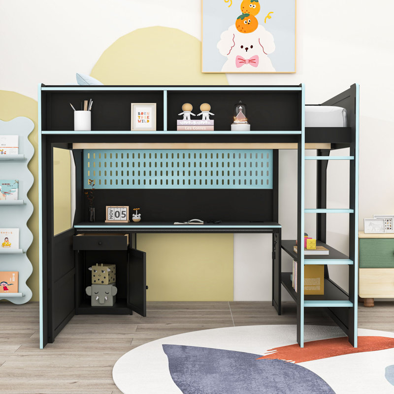 Lit mezzanine avec tablette et tablettes Gaming, Full, Black/Blue