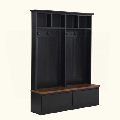 Farmhouse 4-In-1 Hall Tree With Wood Grain Bench, Mudroom Versatile Coat Rack With 2 Large Drawer, Entrance Organizer For Hallway, Living Room