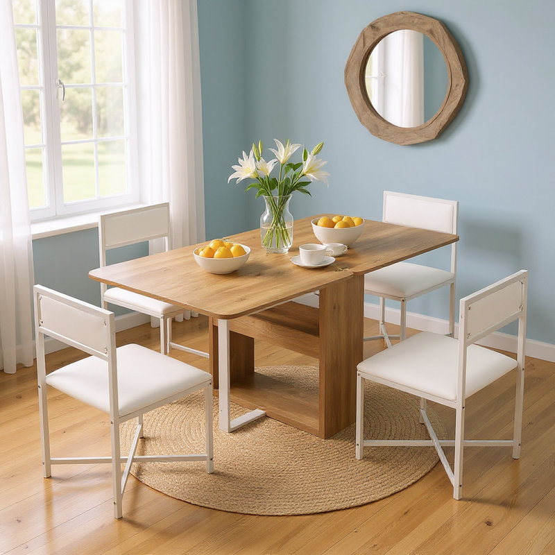 Modern 5-Piece Rectangular Dining Set with Extendable Storage Table and Metal Frame Chairs, White
