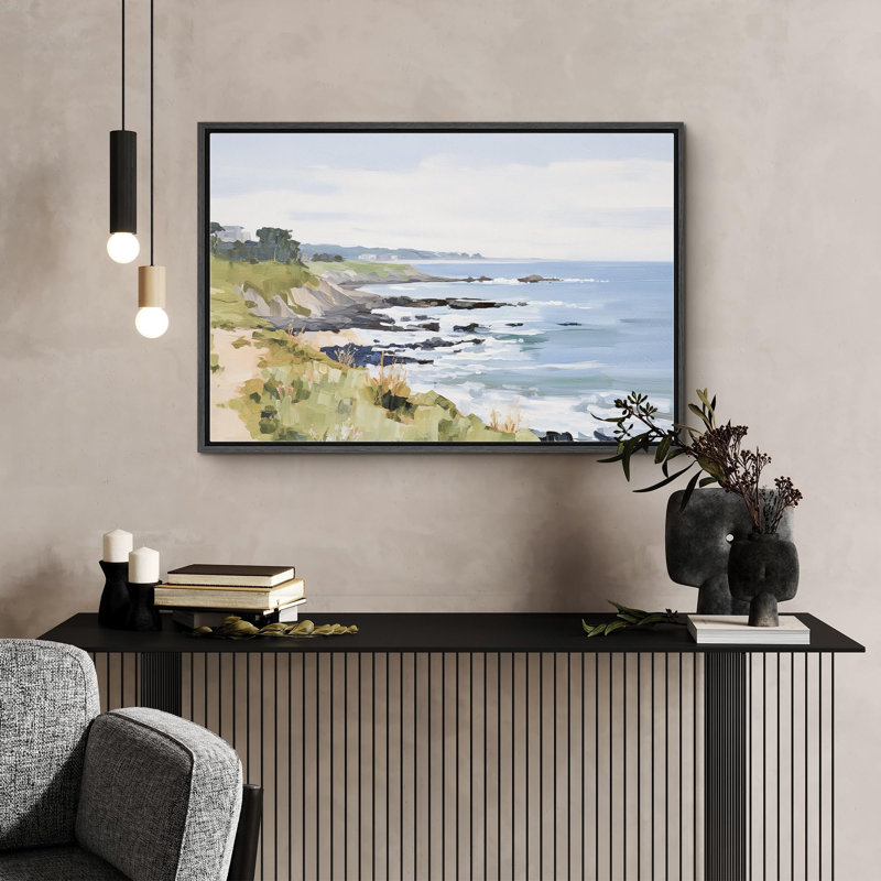 Mer, bord de mer, plage, H 24 po x l 36 po, Cadre flottant noir