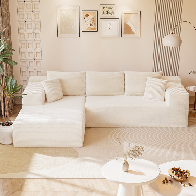 Boneless 108" L-Shaped Compression Sectional Couch with 3 Seats, Wide Modular Sofa for Living Room, Beige Corduroy 