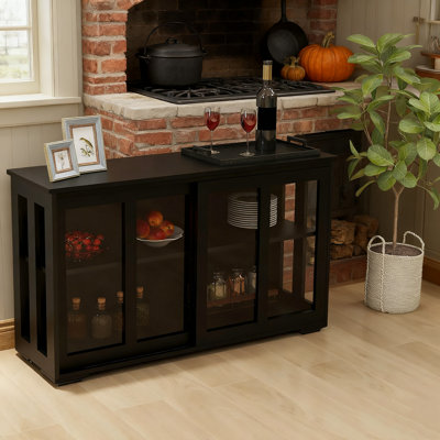 Set Of 1 Black Kitchen Storage Stand Cupboard - Glass Sliding Doors, 41.93"d×13.99"w×24.61"h,adjustable Shelves, Non-slip For Kitchen Easy Assembly
