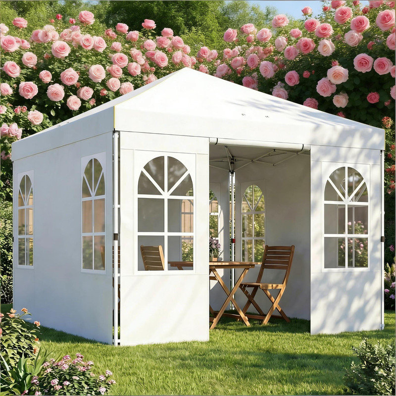 Tente à auvent escamotable blanche de 9,6 pi x 9,6 pi avec parois latérales à hauteur réglable avec portes pour fenêtres et ensemble de stabilité pour l'extérieur