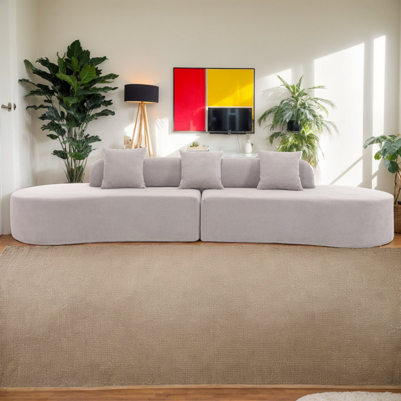 Canapé-lit moderne incurvé en tissu polyvalent avec trois coussins de 130,5 po de largeur Boneless, Gris