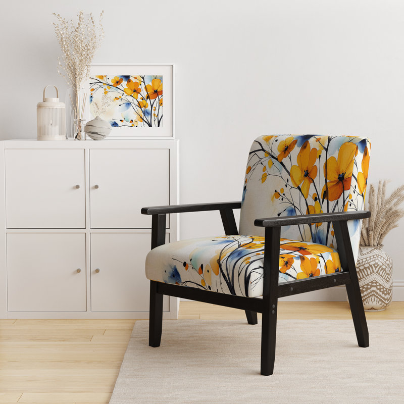 Geidel - Fleurs abstraites - Fauteuil d'appoint rembourré traditionnel, Orange Velvet, Accoudoirs carrés noirs