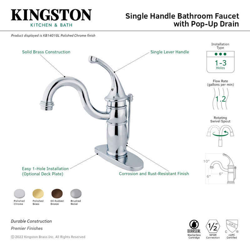 Kingston Brass Georgian Single-Handle 1-Hole Deck Mount Bathroom Faucet with Plastic Pop-Up, Brushed Nickel