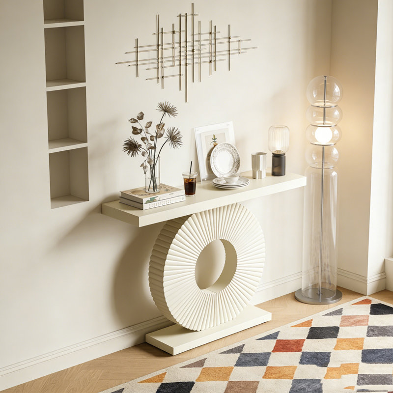 Table de canapé moderne en bois avec base géométrique, Blanc