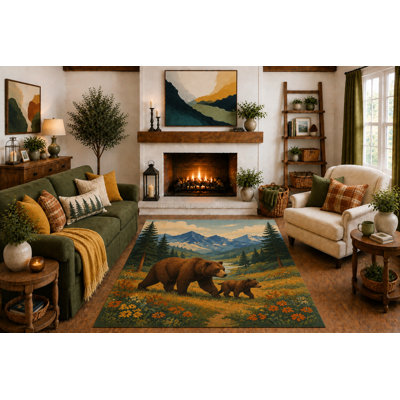 Tapis « Ultra Léger » 152 x 213 cm (5 pi x 7 pi) à motif de famille d'ours en montagne, style rustique, avec fleurs sauvages et faune, idéal pour le salon, le chalet ou la chambre. Dos en silicone antidérapant.