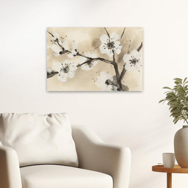 Fleurs printanières I - art asiatique beige et noir, H 16 po x l 24 po