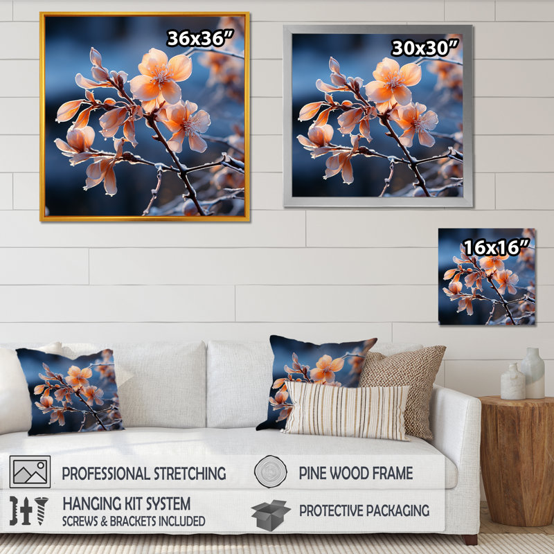 «Winter Cherry Blossoum Flowers II - Plants & Flowers», art mural, Cadre flottant doré, H 30 po x l 30 po x P 1,5 po
