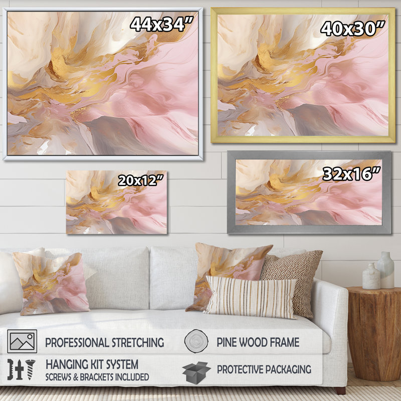 Exquisite Symphony Abstract Pink and Gold Pastel - Print, 34" H x 44" W x 1.5" D, Wrapped Canvas
